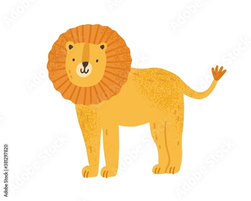 Childish cute lion in simple scandinavian style. Flat vector cartoon textured illustration of lovely leo character. Adorable funny wild feline animal isolated on white background