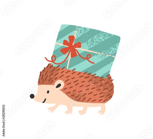 Cute hedgehog carry present or gift box for birthday party. Flat vector cartoon childish illustration of funny animal character isolated on white background
