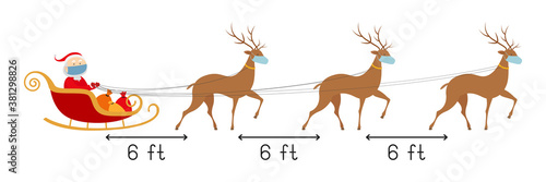 Safe distance 6 feet. Santa and reindeers in face masks. Vector illustration.