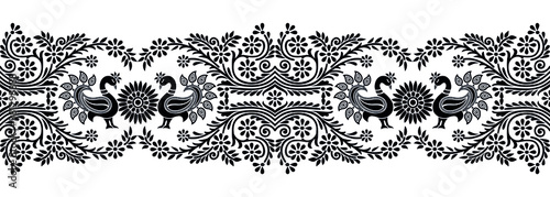 Seamless black and white peacock border with flowers