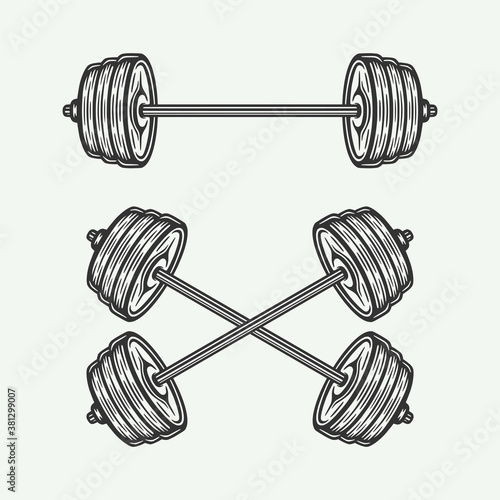 Vintage retro woodcut fitness gym barbell. Can be used like emblem, logo, badge, label. mark, poster or print. Monochrome Graphic Art. Vector Illustration..
