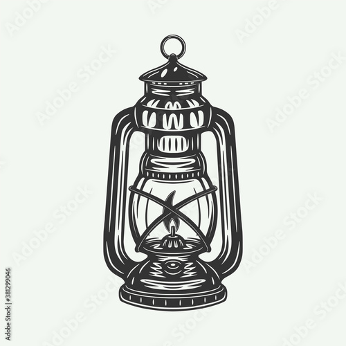 Vintage retro woodcut camping outdoor lamp fire. Can be used like emblem, logo, badge, label. mark, poster or print. Monochrome Graphic Art. Vector Illustration..