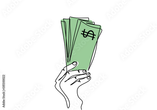 Continuous one line drawing of a hand holding money banknotes. Payment with money, buying or purchase of goods. Human hand with piles of money isolated on white background. Vector illustration