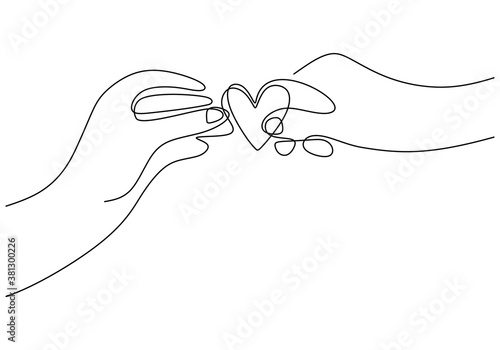 Continuous one line drawing of hands holding heart. Person's hand receives a symbol of love from someone else's hand isolated on white background. Love story theme. Vector design illustration