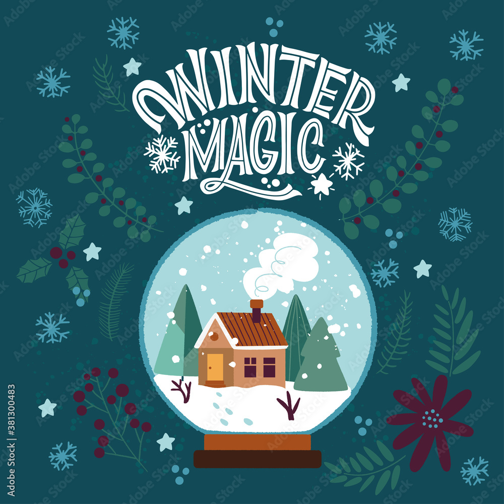 Winter magic. Snow-covered house and a Christmas tree in a glass ball. Great lettering for greeting cards, stickers, banners, prints and home interior decor. Xmas card. Merry Christmas 2021.
