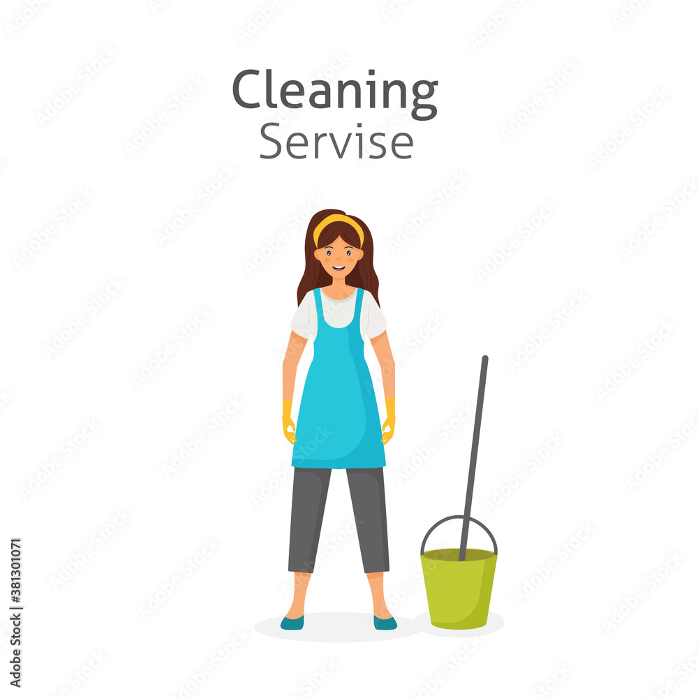 Vector cartoon style illustration of cleaning service woman character. Housekeeping icons. Isolated on white background. Vector cartoon style illustration of cleaning service woman character. Housekeeping icons. Isolated on white background.