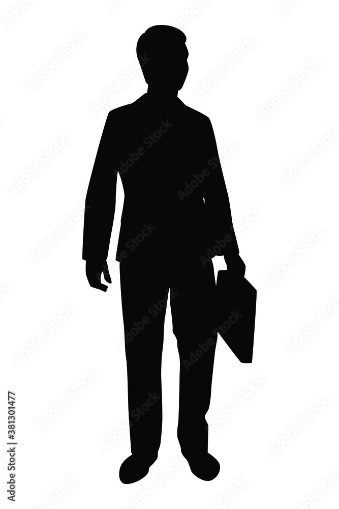 Obraz premium Business man with briefcase silhouette vector, person isolated in black and white.