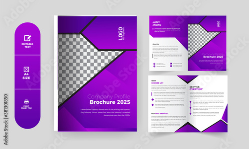 Corporate bi-fold Business brochure design template, Clean Modern business bi fold brochure. minimal and abstract Brochure design, Bifold Brochure Layout with purple Accents. Gradient Brochure