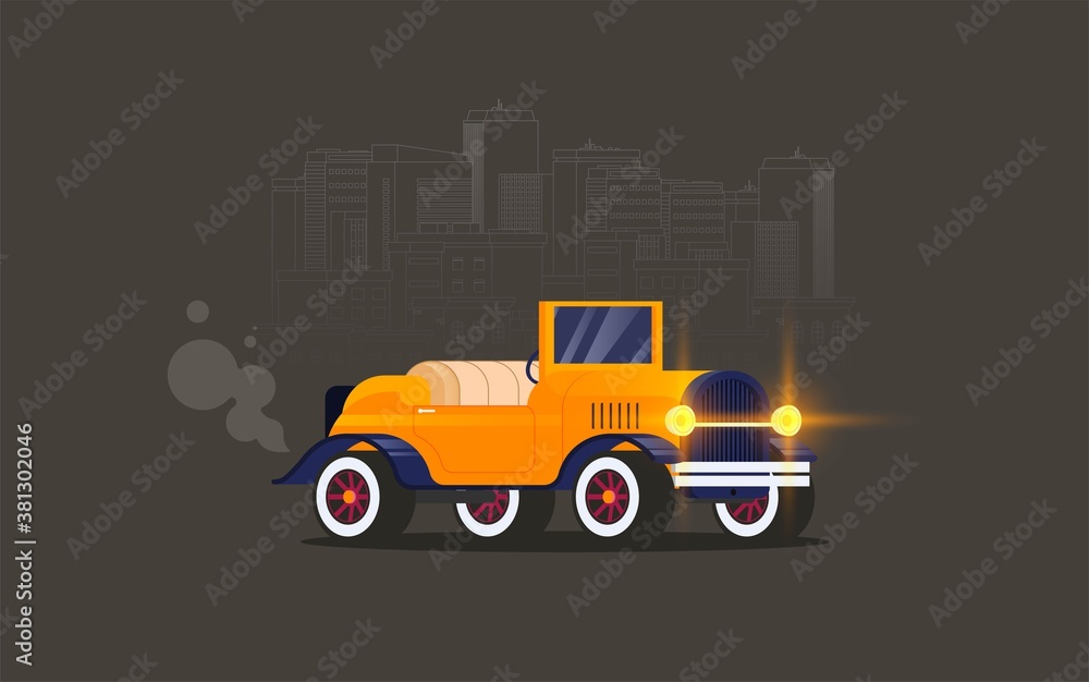 Flat vector retro car isolated on color background