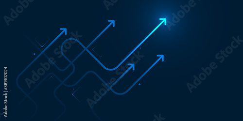 Glow up devious arrows on dark blue background with copy space business growth concept