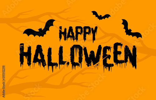 Happy Halloween banner. Party invitation background with bats. Hand drawn bleeding letters. Stock vector illustration.