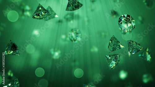 Emerald green brilliants are falling. 3D render seamless loop animation photo