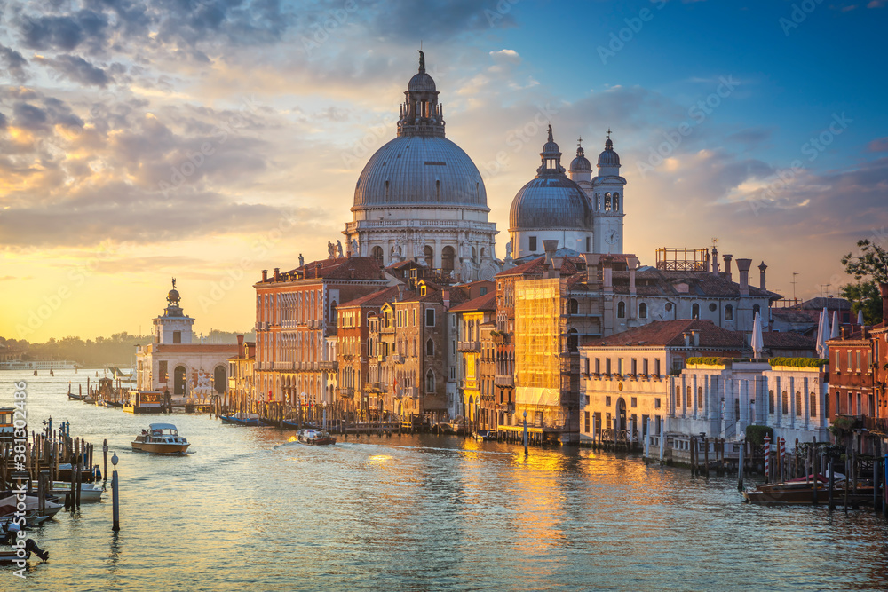Venice grand canal, Santa Maria della Salute church landmark at sunrise. Italy