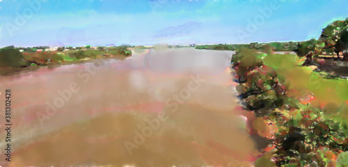 watercolor illustration  Confluence of the White Nile and the Blue Nile  view from the bridge from Khartoum to omduram in Sudan  Africa