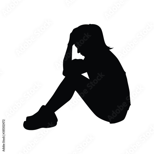 Sitting sad woman silhouette vector, person isolated in black and white.