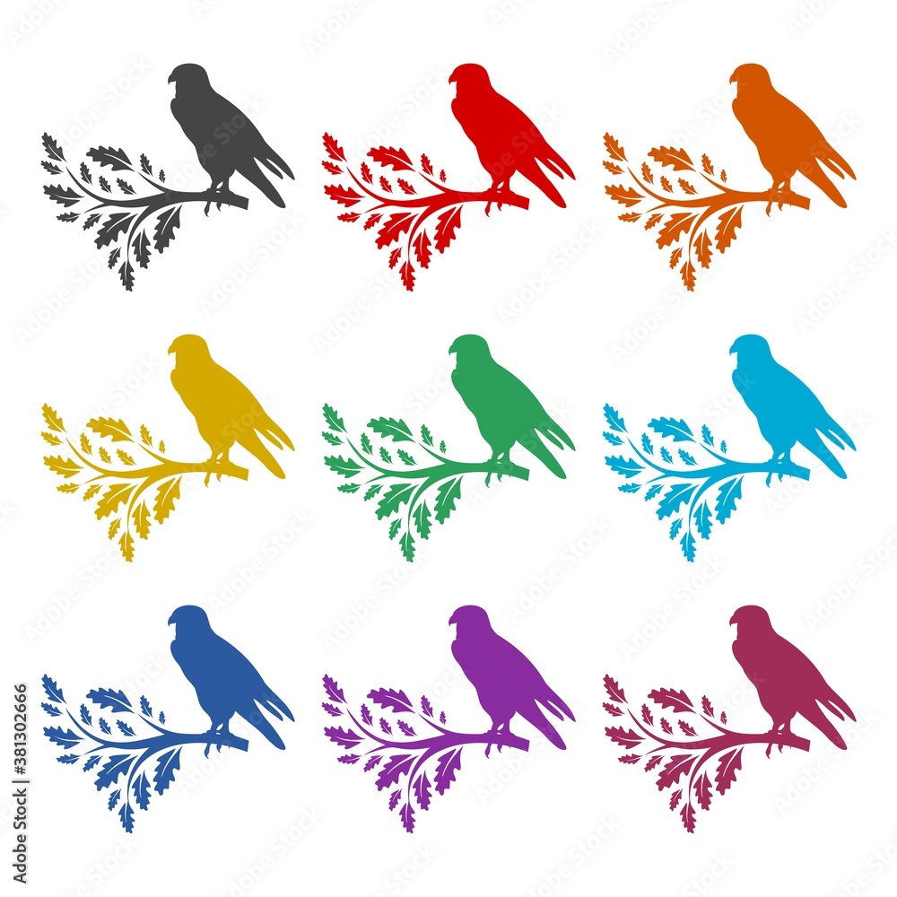 Obraz premium Silhouette of bird on a branch icon, color set
