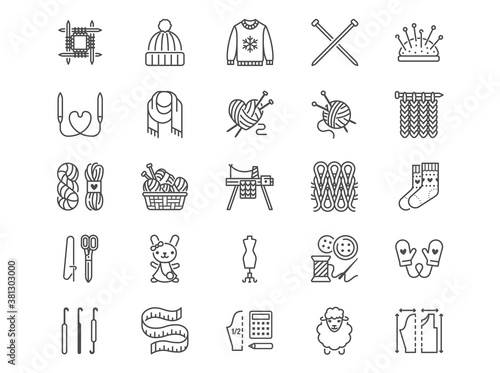 Knitting flat line icons set. Crochet, hand made scarf, wool ball, thread and needle vector illustrations. Outline signs of diy tools, atelier, editable stroke photo