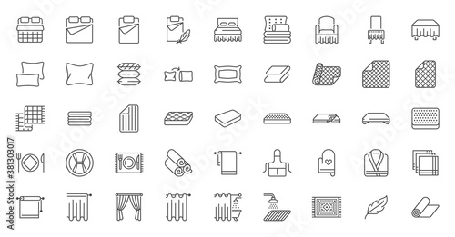 Bedroom linen flat line icons set. Double bed, cushion, blanket, sheets, pillow, mattress topper, curtain, bathrobe vector illustrations. Outline signs of house textile, editable stroke photo
