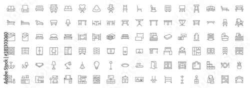 Furniture flat line icons set. Kitchen, bedroom, sofa table, bookcase closet, chair, mattress, lamps, ladder vector illustrations. Outline signs of house interior, editable stroke