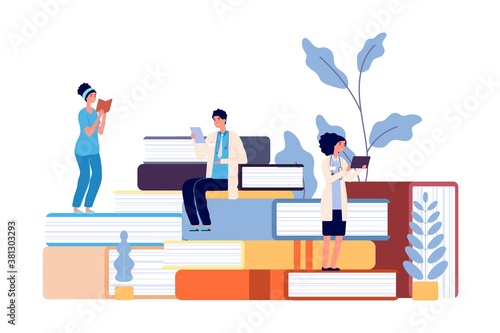 Medical school students. Doctors studying, hospital staff reading books. Refresher courses for nurse, healthcare professor college vector illustration. Medical study, medicine and health