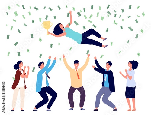 People tossing woman in air. Business team celebrating victory, final successful project or investments. Money rain, happy man woman winners vector illustration. Throw up woman, celebration and award