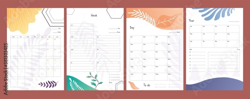 Planners set. To do lists, weekly and daily schedule template, year plan form vector illustration. Organizer calendar, to do paper list, weekly and year