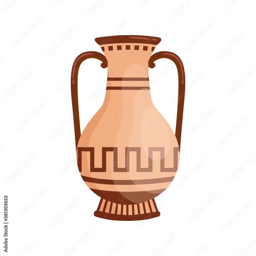 Traditional greek antique vase with handles decorated by Hellenic ornaments vector flat illustration. Ancient pottery or ceramic amphora with design elements isolated on white. Clay jar or jug