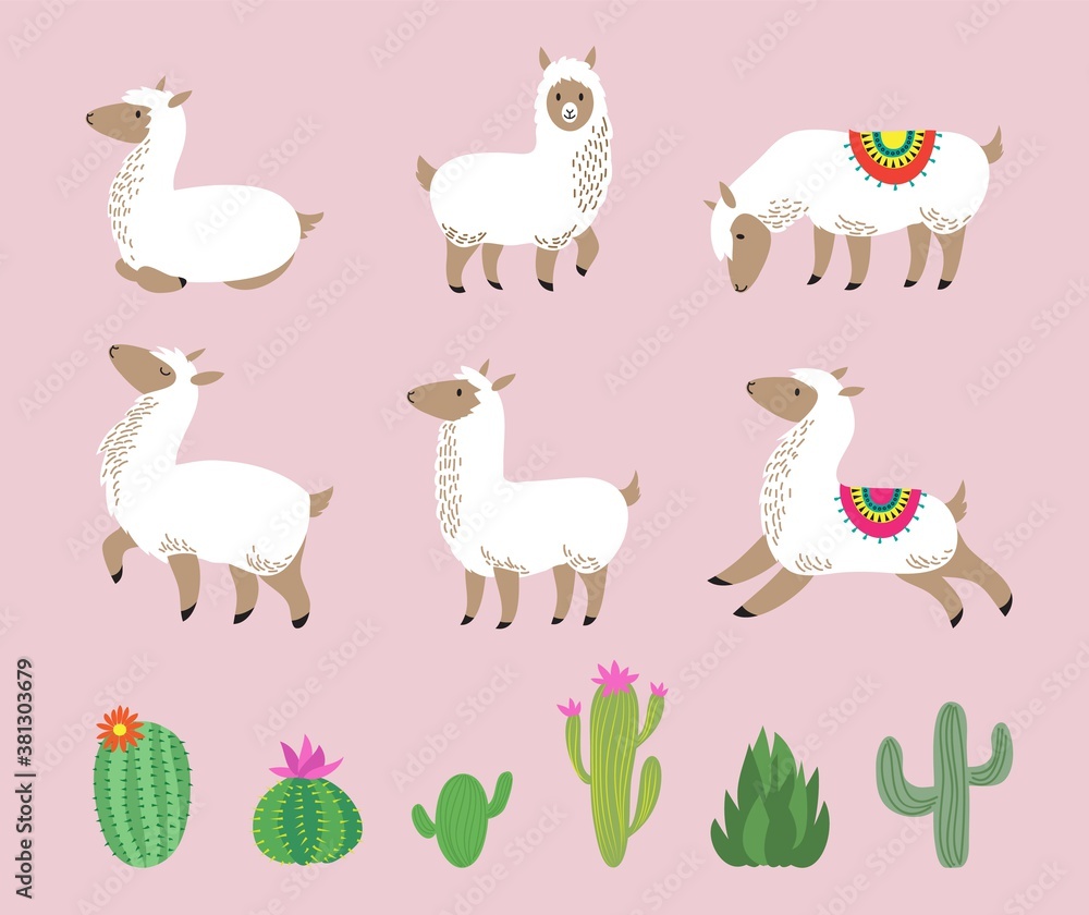 Fototapeta premium White llama set. Cute alpaca, cartoon wool wild south america animals. Childish llamas characters and cactus vector illustration. Alpaca america and green cactus, graphic animal lama