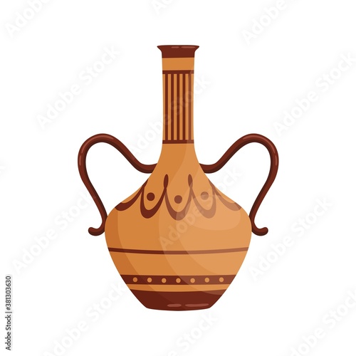 Colorful antique vase decorated by Hellenic ornaments vector flat illustration. Traditional greek ancient amphora or vessel with handles isolated on white. Ceramic jug archaeological artefact