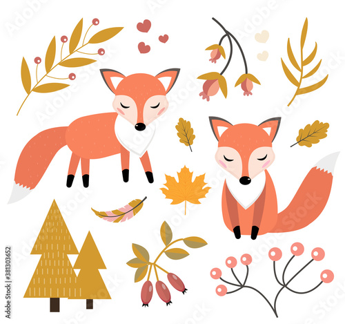 Cute fox in the autumn forest set of objects. Collection of design elements with little foxy, autumn plants, flowers. Kids baby clip art funny smiling animal. Vector illustration
