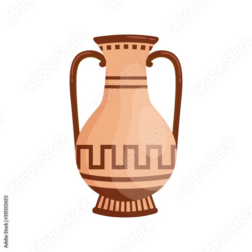 Traditional greek antique vase with handles decorated by Hellenic ornaments vector flat illustration. Ancient pottery or ceramic amphora with design elements isolated on white. Clay jar or jug