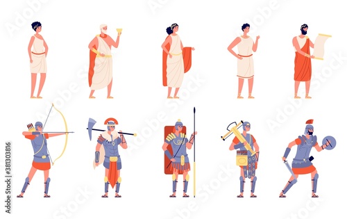 Ancient rome. Ancients people, isolated roman empire character. History greek medieval person, cartoon historical warrior emperor vector set. Ancient traditional citizen, roman and gladiator