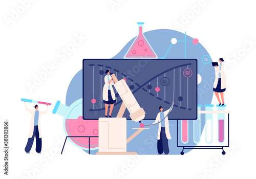 Dna research. Equipped laboratory, genetics lab deoxyribonucleic acid test. Scientific medicine, professional scientist doctor vector concept. Illustration research dna, lab medicine biotechnology