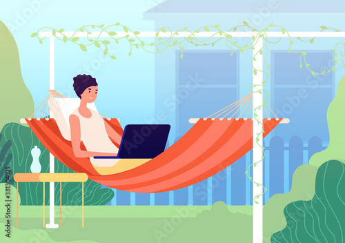 Rest in hammock. Summer balcony, gardening relax on backyard. Modern woman relaxing in garden with laptop, work in holiday vector concept. Summer hammock lifestyle holiday, work and swing illustration