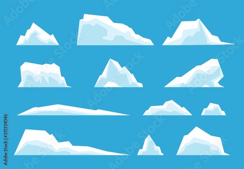 Arctic iceberg. North pole travelling, ice rock glacier mountain winter landscape elements. Snow melting antarctic berg vector set. Ice rock mountain in ocean, cold antarctica climate illustration