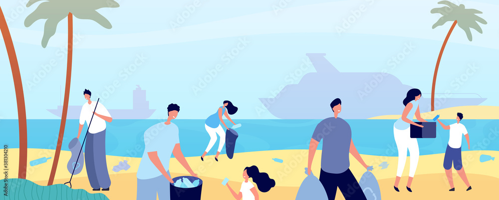 People clean beach. Man cleaning nature, volunteers save environment waterfront. Ocean coast ecology, plastic trash garbage vector concept. People beach volunteer, woman and man activist illustration