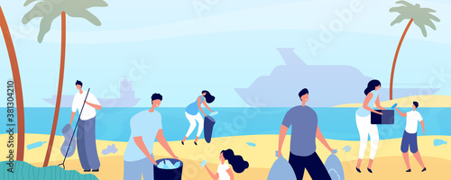 People clean beach. Man cleaning nature, volunteers save environment waterfront. Ocean coast ecology, plastic trash garbage vector concept. People beach volunteer, woman and man activist illustration