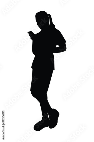 Standing woman silhouette vector, person isolated in black and white.
