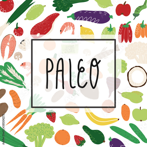 Paleo diet banner cute hand-drawn template.The vegetables, fruits, green, meat and seafood allowed on paleotic nutrition
