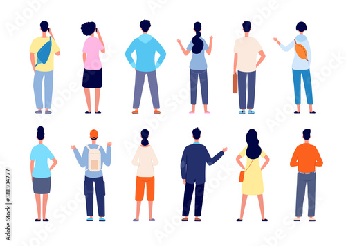People back view. Man standing, isolated persons from backs. Flat office team backside, diverse young male female casual vector characters. Backside various people, human group standing illustration