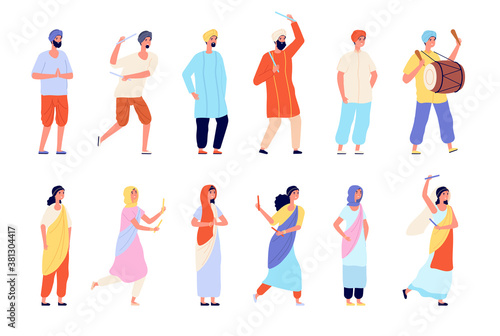 Indian characters. Man dress, isolated people wear traditional clothes. Happy asian dancer street, india persons group vector set. Indian dance festival, young people traditional celebration