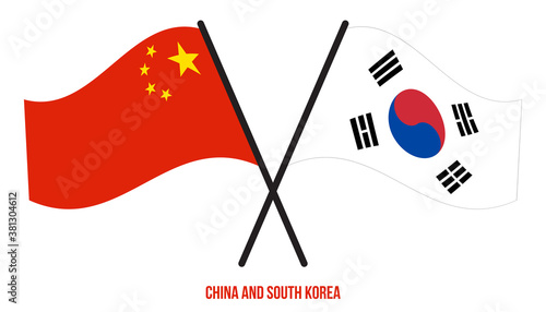 China and South Korea Flags Crossed And Waving Flat Style. Official Proportion. Correct Colors.