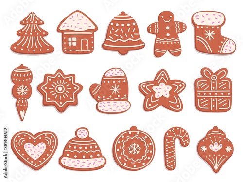 Gingerbread cookies. Christmas bread, ornament ginger biscuits with glaze decoration. Isolated holiday sweet cakes, xmas pastry vector set. Collection gingerbread, christmas sweet food illustration