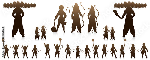 Silhouette Army of Lord Rama As Laxman, Hanuman, Vibhishana, Other Fighter Fighting with Demon Ravana on White Background.