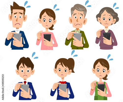 困った顔でスマートフォンを操作する家族のイラストセット
