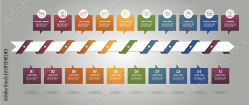 Infographic E-Learning template. Icons in different colors. Include Distance Learning, E-Learning, Blended Learning, Knowledge and others.