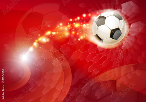 A soccer football silhouette abstract red background with ball smashing through a net