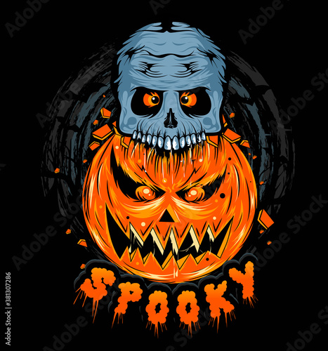 Pumpkin and skull spooky illustration