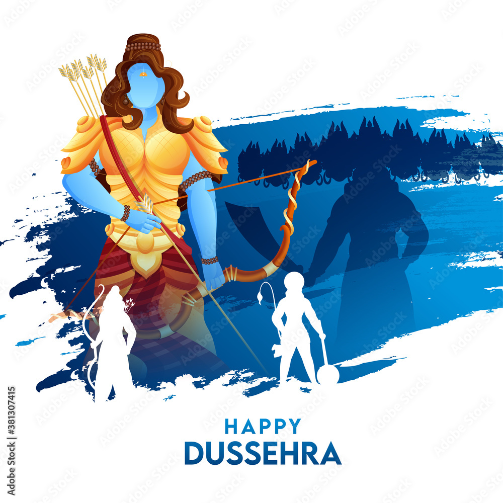 Hindu Mythology Rama Holding Bow with Silhouette Laxman, Hanuman, Demon  Ravana and Blue Brush Stroke on White Background for Happy Dussehra. Stock  Vector | Adobe Stock