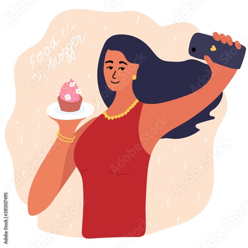 food blogger making photo selfie with cupcake for blog or vlog review. Cute brunette girl  with smartphone camera. Golden earrings, beads, bracelet. Social media Vector cartoon illustration